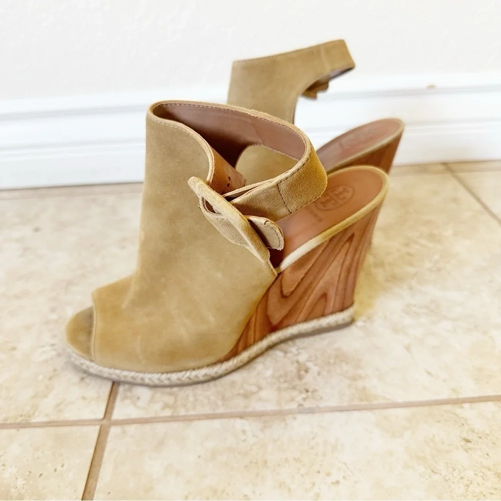 Tory Burch Tan Suede Open-Toe Wedge Sandals